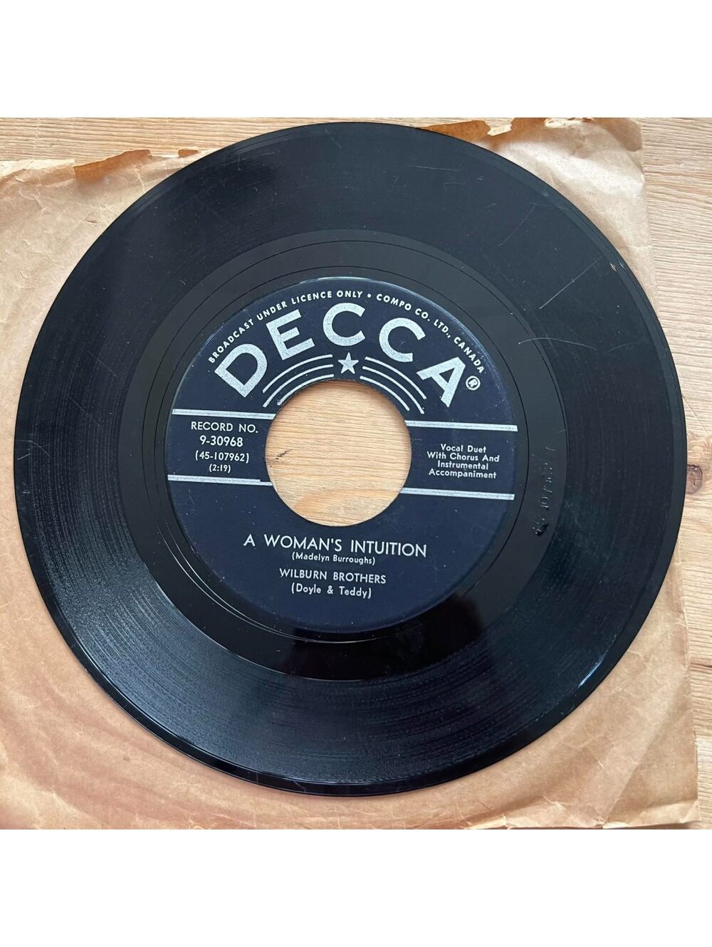 Wilburn Brothers - A Woman's Intuition/A Town that never Sleeps 45rpm VG+ R20